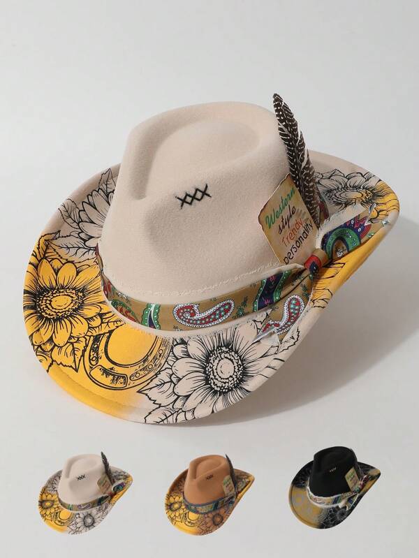 1pc Women's New Heavy Printing Graffiti Feather Decor Wool Felt Western Cowboy Hat, Fashionable Multi-Occasion Wear, Suitable For Spring, Summer, Autumn, Winter