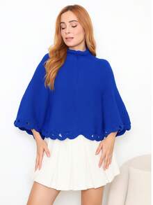 Knitted Poncho With Wave Detail - 寶藍色 - 查看 1
