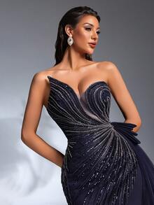 IBTRLY 新款奢华优雅藏蓝色不对称领亮片刺绣拼接针织高开衩至大腿腰部3D网纱荷叶边及地正式礼服，适合派对、婚礼宾客及其他场合。 - 藏蓝色 - 查看 10