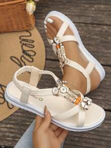 1 par de sandalias planas de dedo tipo "peep toe" con tiras elásticas estilo bohemio para adolescentes chicas de verano