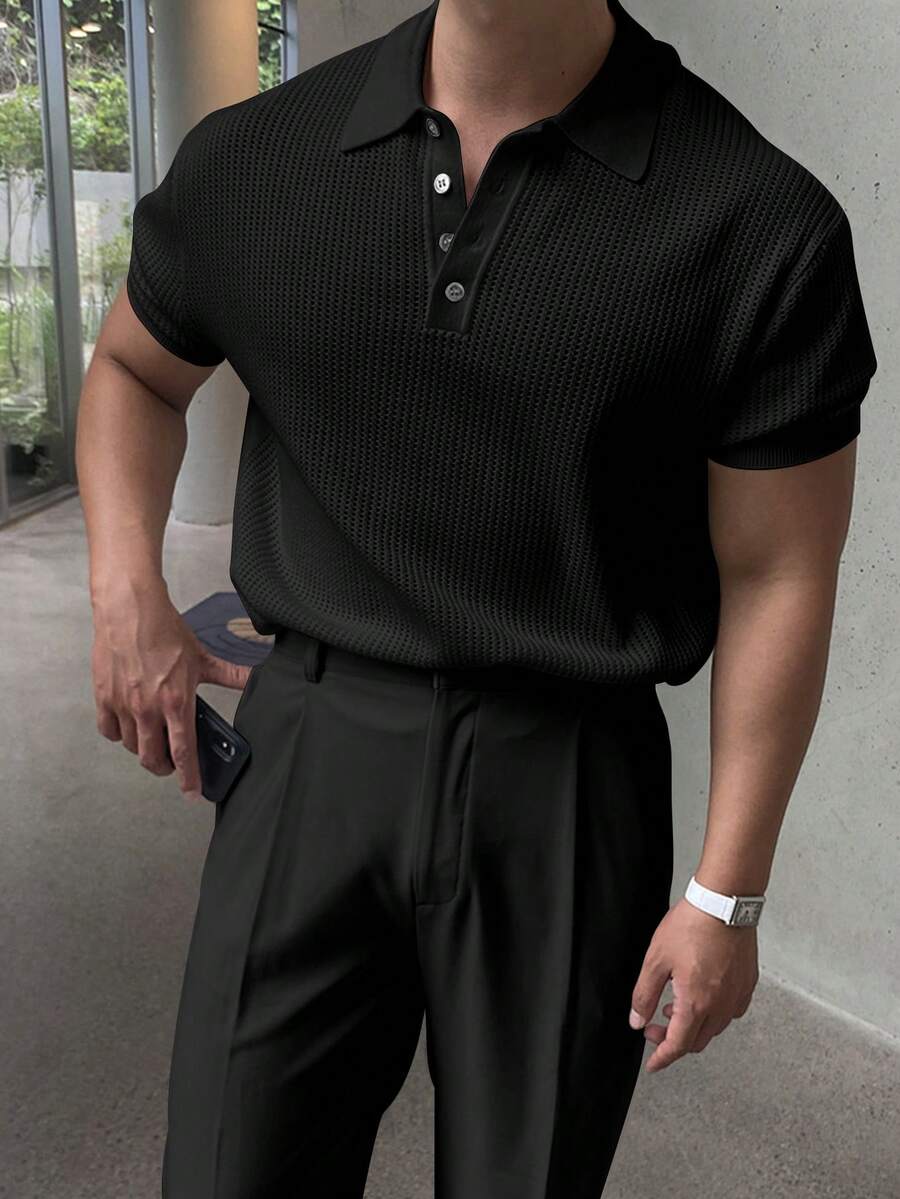 男士镂空设计针织Polo衫，简约时尚，适合夏季 - 黑色 - 查看 1