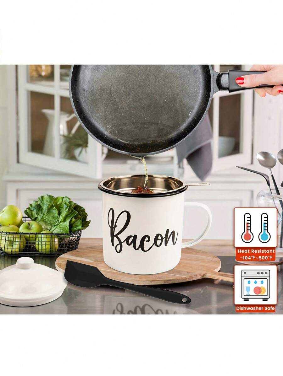 46oz Large Enamel Bacon Grease Container Set With Strainer And Silicone Spatula - Dishwasher Friendly, PVC-Free Kitchen Oil Keeper For Cooking Fat Storage