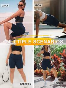 Quần short đạp xe nhẹ dành cho nữ cỡ lớn, quần short thể thao chạy bộ cạp cao co giãn ôm bụng có túi, thích hợp cho mùa hè. - Màu xanh hải quân - Xem 6