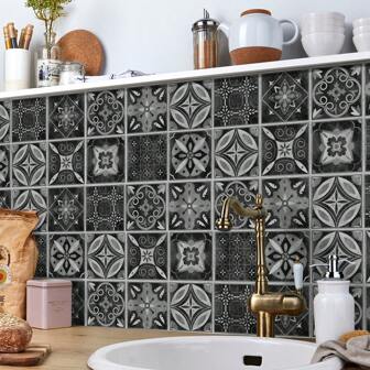 24 pièces Autocollants de carrelage à motif mandala, autocollants muraux amovibles imperméables, autocollants muraux de salle de bain toilette rétro à motif floral, autocollants muraux artistiques, papier peint de cuisine, décoration de chambre, décoration de maison, créez votre maison parfaite