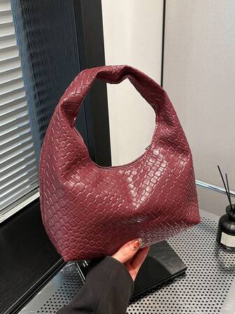 Bolso baguette de cuero genuino para debajo del brazo, adecuado para salidas, citas y viajes. Bolso de mano cuadrado asimétrico de moda, bolso de tela con textura trenzada de PU, color burdeos, bolso de trabajo diario, cartera con asa superior (patrón aleatorio)