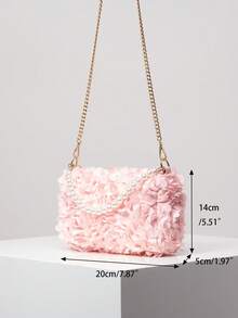 Elegant 3D Flower Handbag, Pearl Bag, Metal Chain Shoulder Bag, Prom Accessories, Prom Bag, Prom Dresses For Women, Elegant Bag For Women (Pattern Random) - Pink - View 9