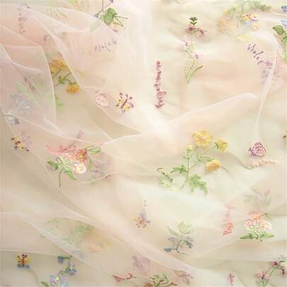 A Diy Fabric Made By A Designer For Spring And Summer Modern Plant-Patterned Encrypted Mesh Multi-Color Embroidered Fabric