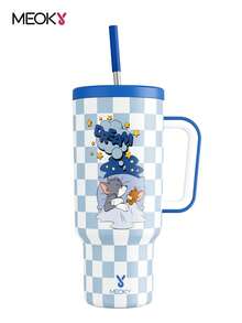 Cartoon Pattern 40oz Tumbler With Handle, Insulated Cup, Vacuum Insulated Water Bottle, Leak-Proof Lid And Straw, Insulated Coffee Mug Stainless Steel Travel Mug, Keeps Cold For 24 Hours Or Hot For 10 Hours - Blue - View 2