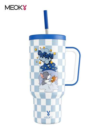 Cartoon Pattern 40oz Tumbler With Handle, Insulated Cup, Vacuum Insulated Water Bottle, Leak-Proof Lid And Straw, Insulated Coffee Mug Stainless Steel Travel Mug, Keeps Cold For 24 Hours Or Hot For 10 Hours