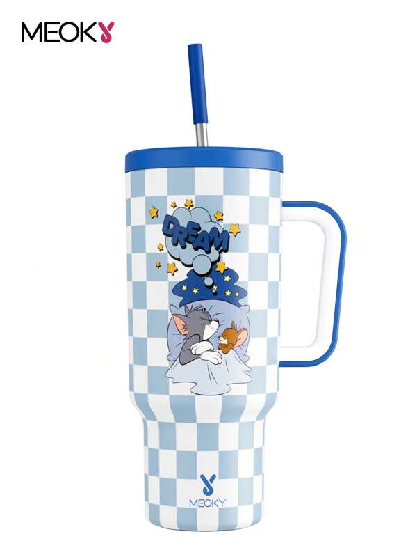 Cartoon Pattern 40oz Tumbler With Handle, Insulated Cup, Vacuum Insulated Water Bottle, Leak-Proof Lid And Straw, Insulated Coffee Mug Stainless Steel Travel Mug, Keeps Cold For 24 Hours Or Hot For 10 Hours