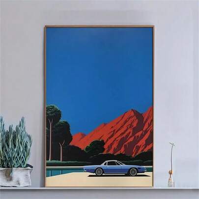 1pc Hiroshi Nagai Arizona Sunset Wall Art Print Modern Desert & Blue Sedan Landscape Poster Fashion Paintings For Living Room Bedroom Home Office Dormitory Decor Wall Background Design Picture Optional Frame ,Wall Art With Frame