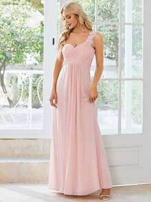 One Shoulder Ruched Bodice Prom Dress Elegant Bridesmaid Dress - Baby Pink - View 9