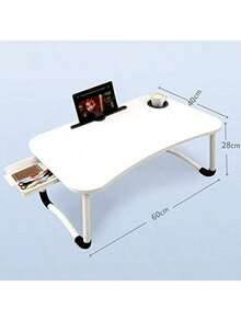 Home Office Lap Desk With Storage Drawer, Tablet And Cup Holders, Laptop Bed Tray Table, 23.6" Foldable Laptop Desk, Laptop Stand For Working, Writing, Gaming And Drawing, White Top White Legs - White - View 4