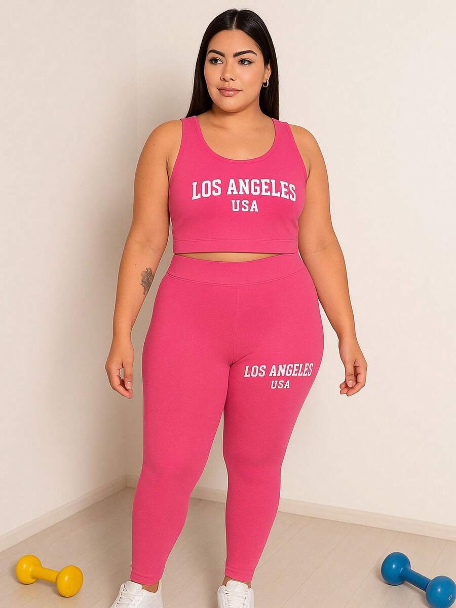 Plus Size Los Angeles Gym Pants Set - 紫羅蘭色 - 查看 1