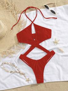 Traje de baño de una pieza con escote halter y espalda cruzada sexy, estilo europeo moderno para mujeres