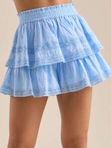 Women Layered Ruffle Shorts Loose Patchwork Lace Solid/Floral Elastic Waist Mini Shorts Casual Summer Streetwear - Màu xanh lam - Xem 5