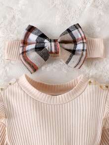1pc Infant/Toddler Girls' Cute Long Sleeve Patchwork Ribbed Romper, Lightweight For Spring/Autumn - Khaki - View 3