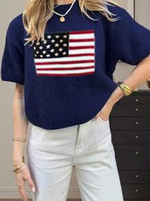Women's American Flag Short-Sleeved Top Crew Neck Loose Knit Jumper Independence Day Jumper