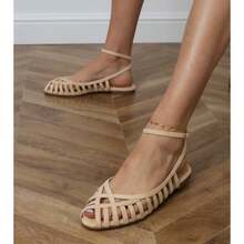 Beige Women's Flat Sandals, Solid Color Hollow-Out, Summer - Beige - View 4