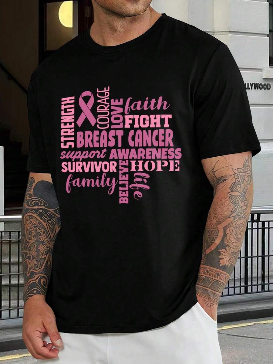 Camiseta de concienciación sobre el cáncer de mama - Fortaleza, coraje, amor, fe, lucha - Apoyo a supervivientes, esperanza, familia - Diseño de cinta rosa - Regalo para pacientes y supervivientes de cáncer - Negro - Ver 1