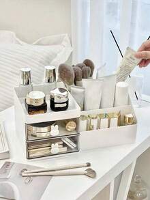 1 件白色化妆品收纳盒，带抽屉分隔桌面收纳架，塑料化妆品收纳盒，多功能桌面整理收纳，文具收纳盒，笔筒，化妆品展示架，化妆刷收纳桶，护肤品收纳盒，适用于浴室、书房、梳妆台，送给妈妈的礼物，适合度假海滩、浴室收藏、卧室收藏，大容量 - 白色 - 查看 8