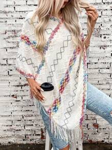 1pc Women Rhombus Pattern Tassel Knitted Poncho Shawl, Warm & Fashionable Casual For Daily Wear