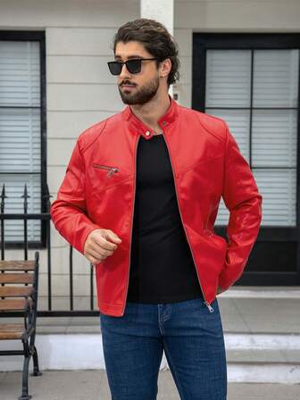 CLOUDSTYLE 男士拉鏈開襟PU皮革夾克