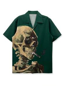 1 件 140 克四向弹力休闲衬衫，男士沙滩衬衫，男女通用嘻哈复古 Y2K 骷髅彩绘风格，简约个性化，黑色，适合夏季，军绿色
