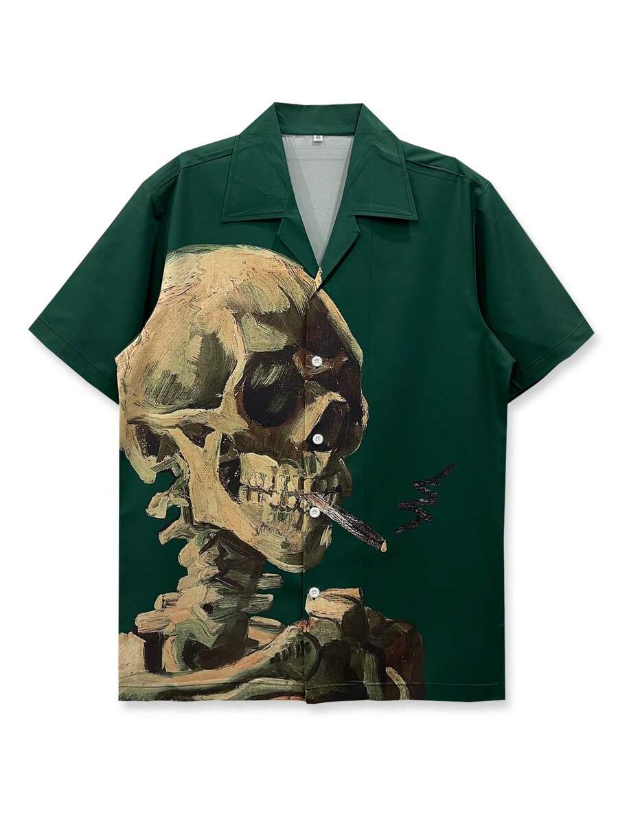 1 件 140 克四向弹力休闲衬衫，男士沙滩衬衫，男女通用嘻哈复古 Y2K 骷髅彩绘风格，简约个性化，黑色，适合夏季，军绿色