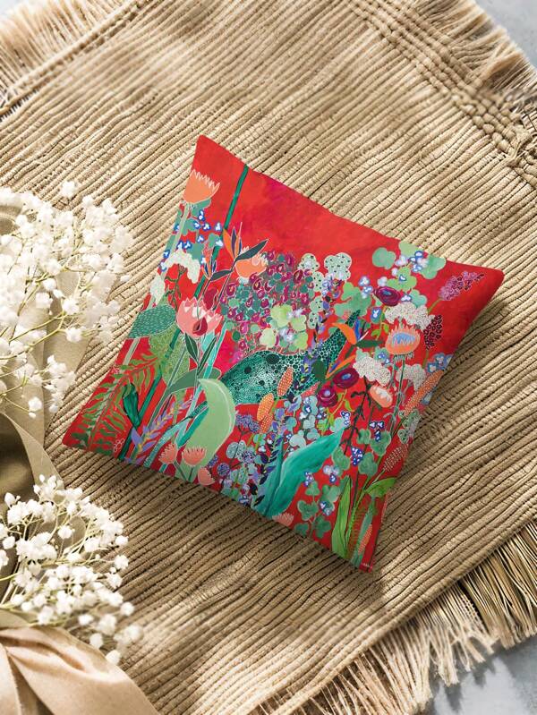 2pcs Red Graffiti Floral Decorative Pillow Case/Cushion Cover, Square Letter Print Pillow Sham Without Filling, Cute Throw Pillow Covers For Sofa, Living Room