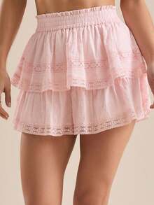 Women Layered Ruffle Shorts Loose Patchwork Lace Solid/Floral Elastic Waist Mini Shorts Casual Summer Streetwear - 粉色 - 查看 4