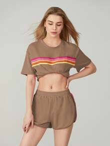 2 Piece Lounge Sets For Women Summer Rainbow Striped Tops Casual Shorts Color Blocked Suit Sweatshirts Set - Nâu nhạt - Xem 3