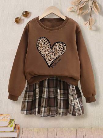 Tween Girls Leopard Print Heart Pattern Crew Neck Long Sleeve Top And Plaid Pleated Skirt Set