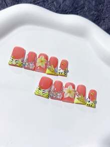 10 peças de unhas francesas nude estilo bico de pato feitas à mão; verde degradê, estampa de zebra, flores estendidas, borboleta dourada, decoração de diamante; unhas postiças de acrílico para unhas postiças caseiras; adequadas para feriados, festas e uso diário; inclui 1 folha de cola gelatinosa e 1 mini lixa