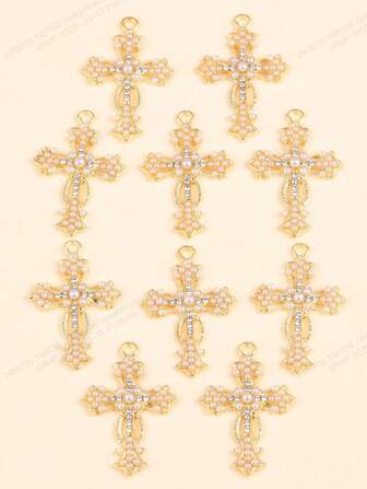 10 件洛丽塔风格珍珠十字架锌合金吊坠，适用于项链、耳环、钥匙扣 DIY 配件