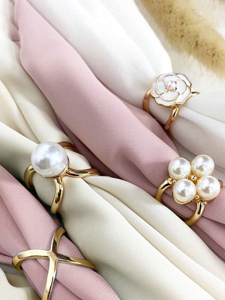 4PCS Elegant Pearl Floral Scarf Ring Clip Camellia Flower Scarf Buckle For Women Scarf Ring Buckle Women Fashion Metal Shawl Clip Buckle Lady Girls Decoration Accessories - Gold - View 1
