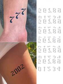 Juego de 5 hojas con tatuajes temporales de estilo gótico, números del 0 al 9 que se pueden colocar libremente, diseño de arte corporal de patrones de maquillaje, resistentes al agua y al sudor, tatuaje no permanente, realista sin reflejo, un regalo ideal - Negro - Ver 2