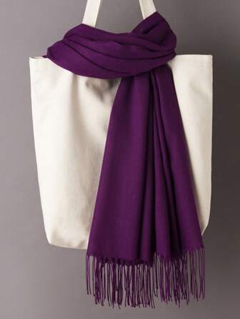 1件轻盈经典纯紫色户外防风防沙围巾披肩，简约时尚男女通用流苏围巾，适合日常、用餐、约会等场合佩戴，空调房内保暖。