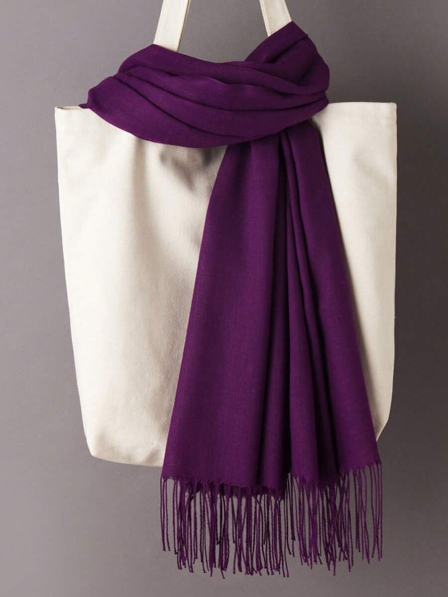 1件轻盈经典纯紫色户外防风防沙围巾披肩，简约时尚男女通用流苏围巾，适合日常、用餐、约会等场合佩戴，空调房内保暖。 - 中紫紅色 - 查看 1