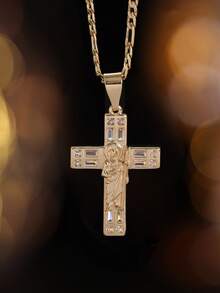 1pc High Quality Copper Zirconia San Jude Cross Necklace, Minimal Sparkly Unisex Catholic Faith Daily Hip Hop Layering Jewelry - Pendant Necklace - View 8