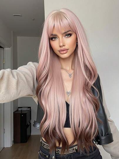 Parrucca lunga riccio da 28 pollici, colore rosa, marrone, rame, rosso rame per donna, parrucca soffice con frangia, parrucca sintetica per feste e uso quotidiano