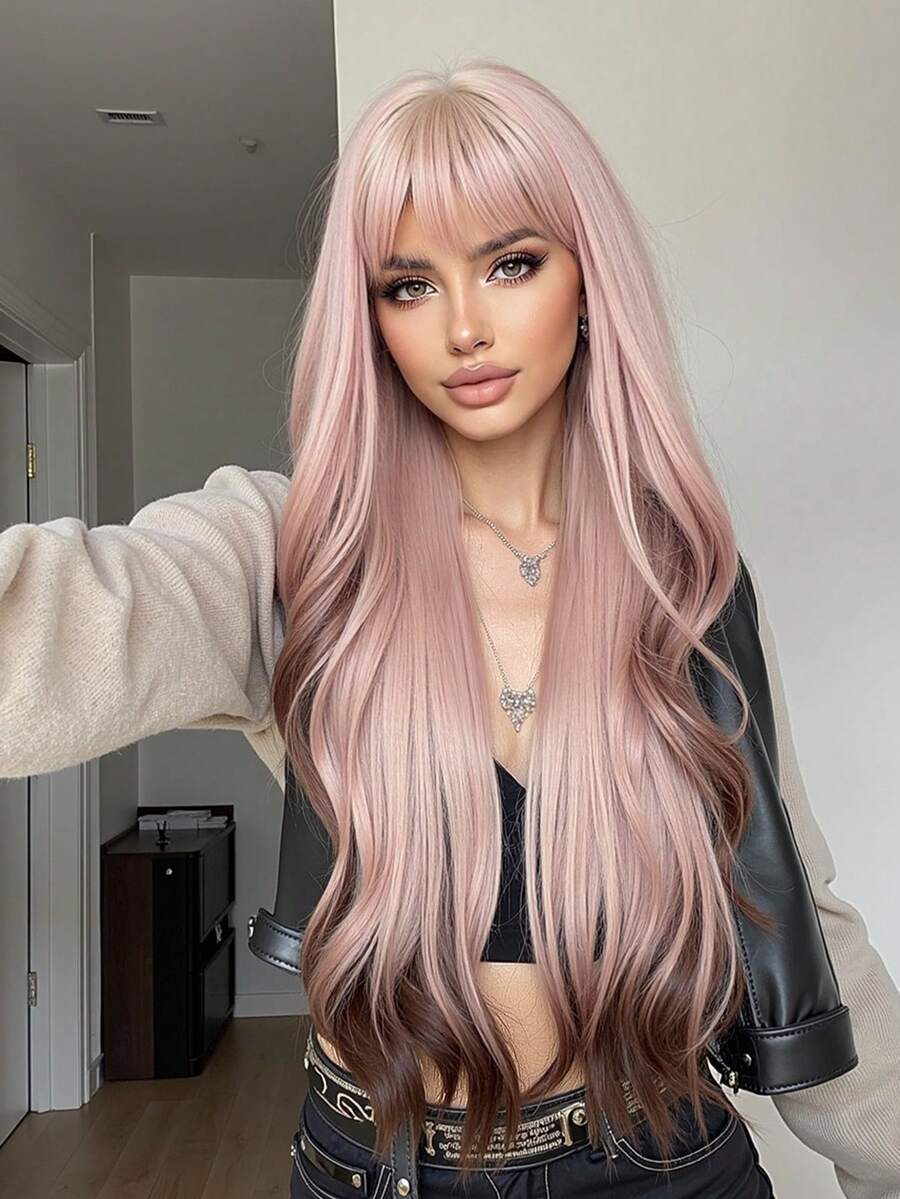 Parrucca lunga riccio da 28 pollici, colore rosa, marrone, rame, rosso rame per donna, parrucca soffice con frangia, parrucca sintetica per feste e uso quotidiano