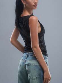 Women's Beads Sequins Tank Top Sparkle Sleeveless Boat Neck Solid Party Clubwear Vest