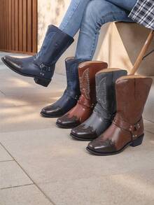 Elegante señoras retro PU grueso fondo botas a media pantorrilla, estilo universitario antideslizante resistente al desgaste botas de las mujeres casuales, de moda y versátil partido botas de las mujeres occidentales, adecuado para todos los días, de fiesta, tenis, béisbol, deportes, ropa de viaje - Gris Oscuro - Ver 5