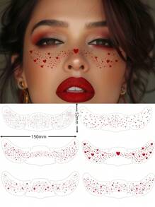 6 Blatt rote glitzernde Sommersprossen Gesichts-Tattoos, funkelnde Sommersprossen-Glitzer-Tattoos mit Herz-, Punkt- und Stern-Muster, rote wasserfeste Glitzer-Temporäre Tattoos für Erwachsene, tägliches Make-up für Reisen, Festivals und Partys