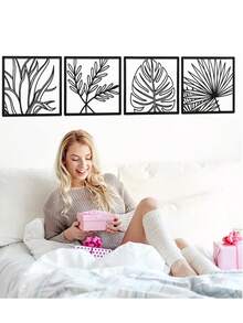 4 sztuki nowoczesnej metalowej sztuki ściennej: dekoracja rzeźby liści do salonu, sypialni, domu i ogrodu - współczesna sztuka metalowa ściana liścia do wystroju domu