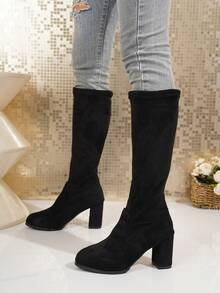 女童黑色仿麂皮弹力及膝靴，8厘米高跟，适合搭配牛仔裤、办公室和休闲装，春秋冬 - 黑色 - 查看 3