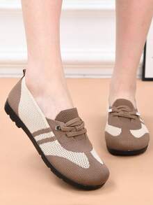 女士休闲运动鞋，舒适透气轻便优雅系带运动鞋，网眼鞋面，防滑平底鞋适合日常散步、办公室 - 卡其色 - 查看 6