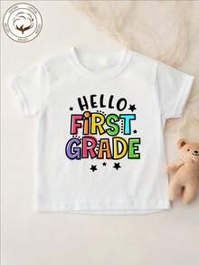 [Cotton Girl's T-Shirt] Cotton Girl's T-Shirt | Hello, First Grade Letter Print And Star Pattern Print Comfortable And Casual Round Neck Short Sleeved - 白色 - 查看 2