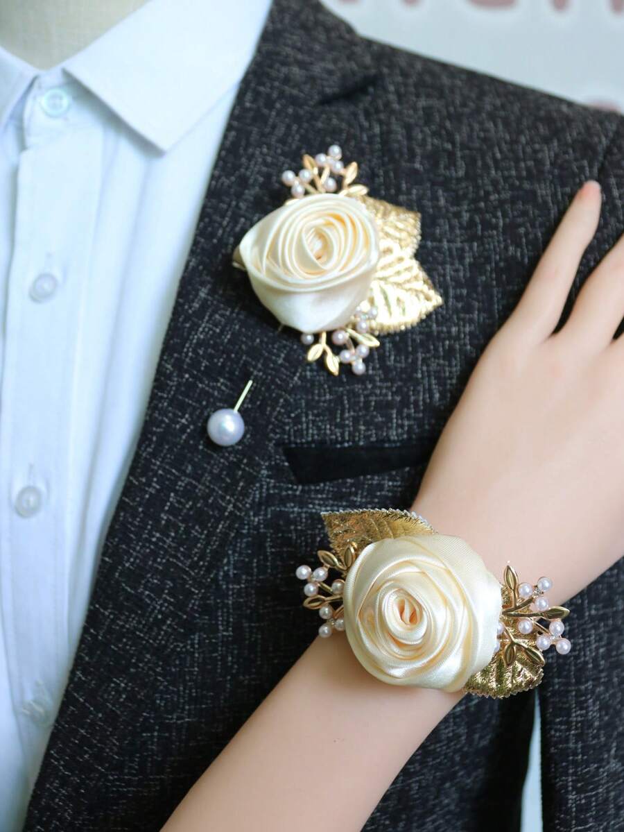 2pcs/Set Elegant Ivory Rose Flower Brooch And Wrist Corsage Set, Suitable For Bride And Groom Wedding Decor, Formal Events, Parties,Summer,Beach,Festival,Party - Beige - View 1